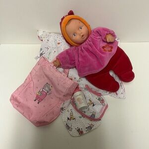 Corolle Baby Doll Set- Soft Pink Body Doll, Bag, Bin, Bottle, Pillow & Cloth